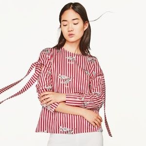 Zara crane print striped bow sleeve top M